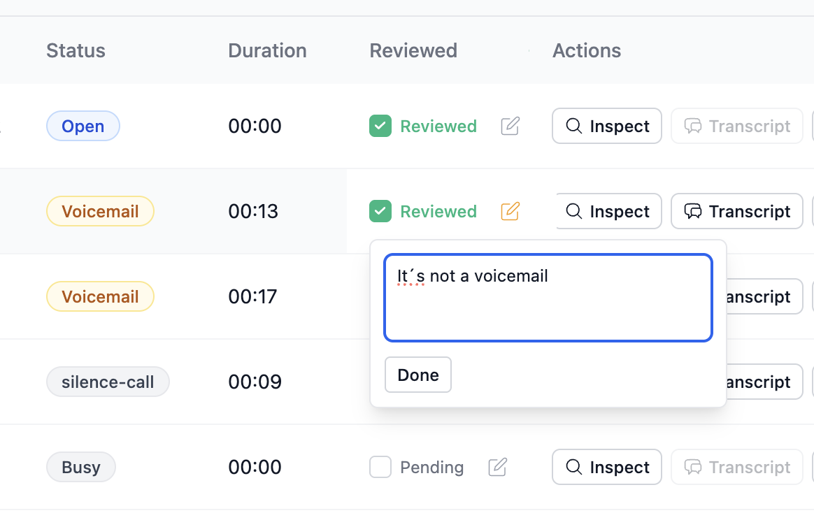The Reviewed column with an inline comment on the Meetzy Calls page