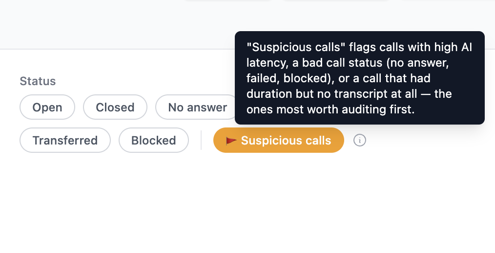 The Suspicious calls filter on the Meetzy Calls page